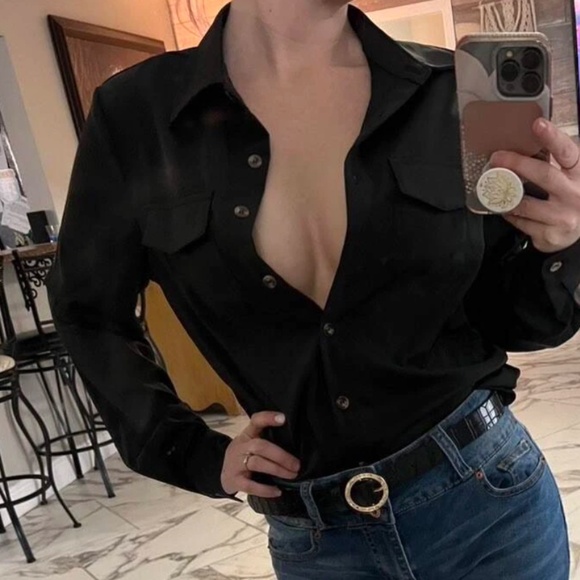 Classic Solid Pockets Button Down Boyfriend Shirt top - Picture 8 of 10